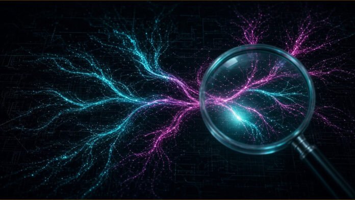 LangSmith Adds AI Search to Find Agent Traces by Behaviour Ribbon of stacked log lines flowing past a glowing magnifying lens, a few lines lighting up in amber