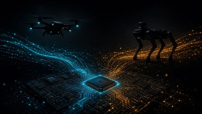 Lantronix Spotter: A Small AI Board for Drones and Robots Small circuit board with a glowing chip linked to drone and robot outlines