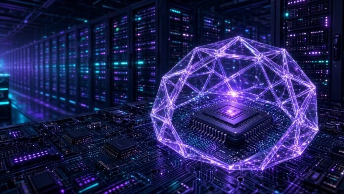 Glowing lattice shield wrapped around a firmware chip inside a server rack