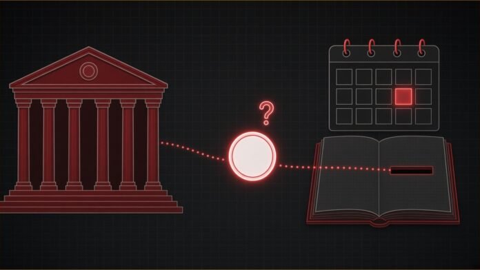 Latvia Eyes Crypto Tax Payments in 2027, Adviser Says | TSN Illustration of a parliament building linked by a dotted line to a glowing coin, a question mark, a ledger with a slot and a calendar with one day highlighted.