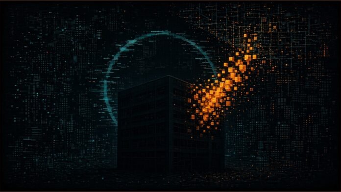 Latvia Eyes Tokenisation Rules in First Half of 2027 | TSN Illustration of a dark office building breaking apart at one corner into glowing amber cubes rising towards a ledger grid, under a half-formed cyan ring