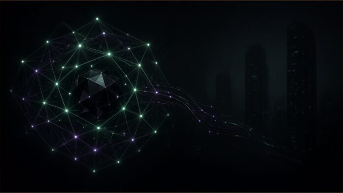 Illustration of a glowing geometric lattice caging a dark crystal, with thin light trails stretching towards distant office towers at night