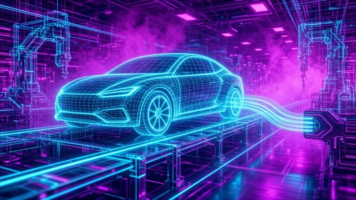 Symbol-only illustration of a generic compact electric car drawn in glowing cyan wireframe on a neon factory assembly line.