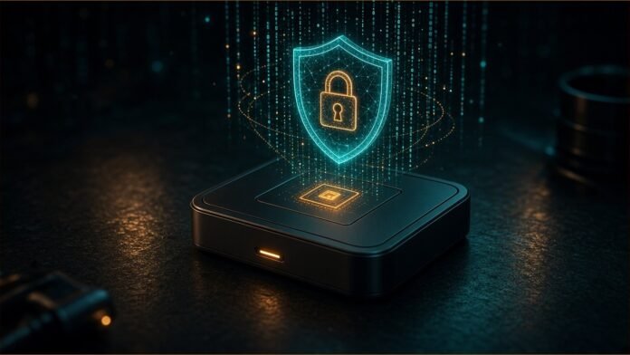 Phone-shaped slab with a secure strip and privacy switch cutout, with app nodes orbiting it