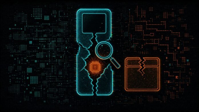 Symbol-only illustration of a cracked-open hardware wallet with a small glowing chip inside it, a magnifying glass held over it and a sealed box with a broken seal beside it.