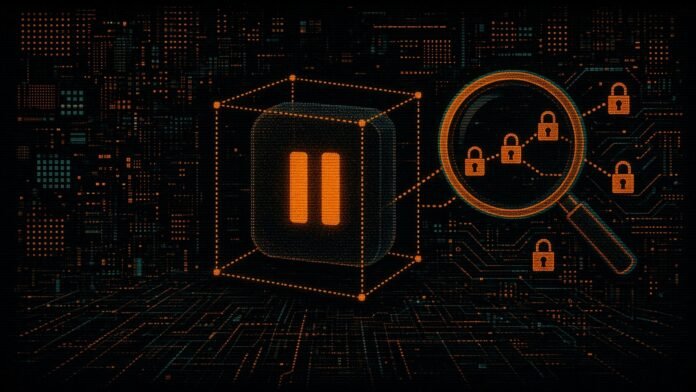 Ledger Investigates Losses Among CryptoBilis Buyers and Pauses the Reseller's Sales: What Is Confirmed A closed wallet-shaped block in a dotted shipping box with a large pause symbol, beside a magnifying glass over a chain of padlocks.