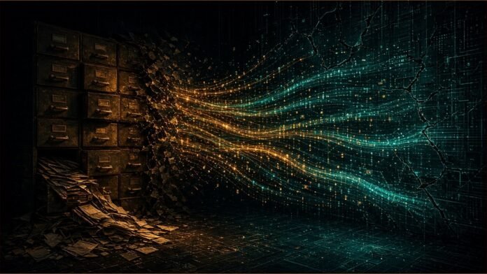 Tall archive cabinet of glowing file drawers stretching back into darkness, the oldest drawers faded