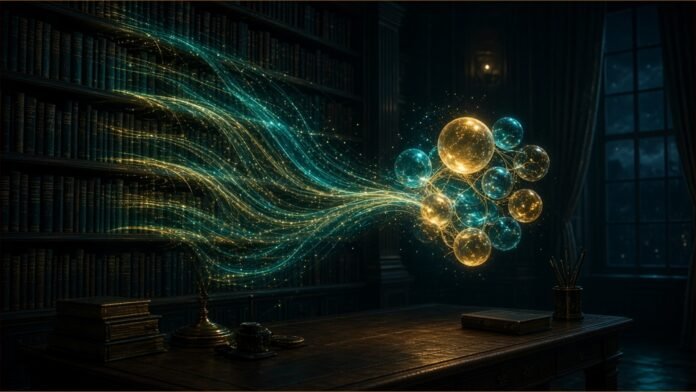 Illustration of a dark law library where streams of light flow from the bookshelves into a cluster of glowing orbs