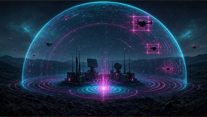 Radar dish sweeping a dark sky, its glowing arc catching small quadcopter silhouettes in tracking rings