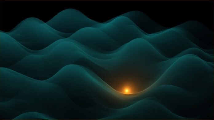 Illustration of teal wave surfaces with an amber point resting in the lowest valley.
