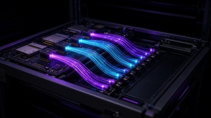 Lightmatter Shows Optical Switch and Compute Trays at OCP Chip in a slim tray beaming cyan light into fibre lines beside a compute tray