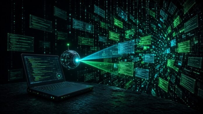 LightOn Releases ColGrep-Agent-2B, a Local Code-Search Agent AI probe beside a laptop scanning a tunnel of floating code blocks