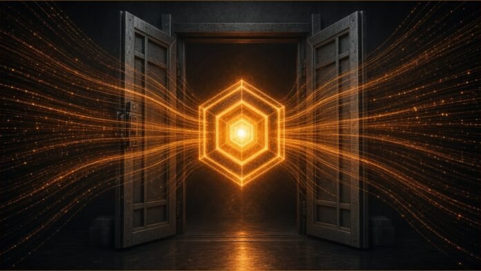 Illustration of streams of amber light converging on a glowing hexagonal core in front of an opening steel gate.