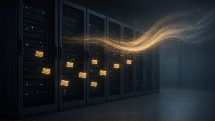 Linux Kernel Flaw Reports From ZDI Hit Public Lists | TSN Illustration of a row of dark server racks with small glowing envelopes drifting out of them into an open stream of light overhead