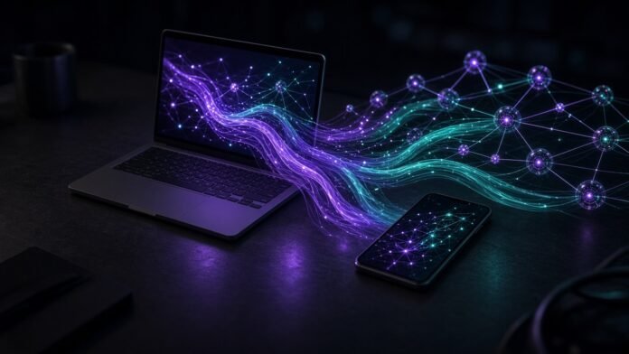 Liquid AI's LFM2.5-24B-A2B: Open Model for On-Device Agents Compact glowing neural core on a phone chip sending out small agent orbs