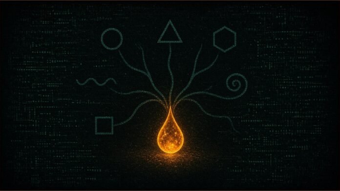 Illustration of a small glowing amber droplet branching out to six teal geometric shapes