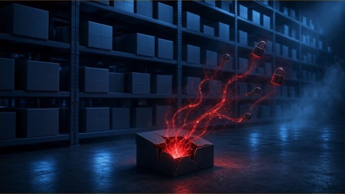 Illustration of a cracked package box in a dark warehouse, with red tendrils reaching up towards floating keys and padlocks