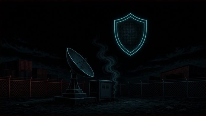 Illustration of a satellite dish and equipment box in a fenced yard at night beneath a shield.