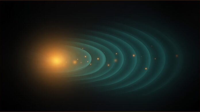 Lithuania Receives First Thales GM200 Radar | TSN Illustration of Thales GM200 concept in teal and amber: a soft amber glow on the left sending smooth teal arcs rippling outward across a dark field, revealing small amber sparks where the arcs pass.