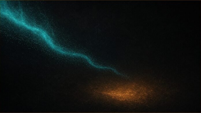 Illustration of LiveWire going concern concept in teal and amber: a thinning teal particle current above a faint amber glow.