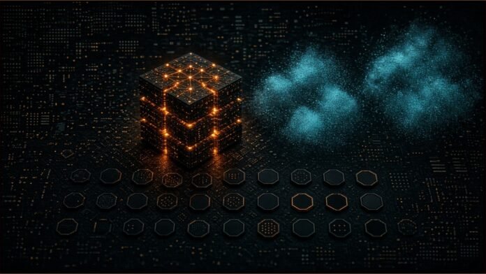 Old AI Beats Frontier LLMs on Skin Cancer, Test Says | TSN Illustration of a small glowing amber cube of neural-network layers beside two hazy cyan cloud shapes, above rows of abstract octagonal tokens