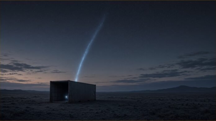 Illustration of a streak of blue light rising from an open shipping container into a starry dusk sky