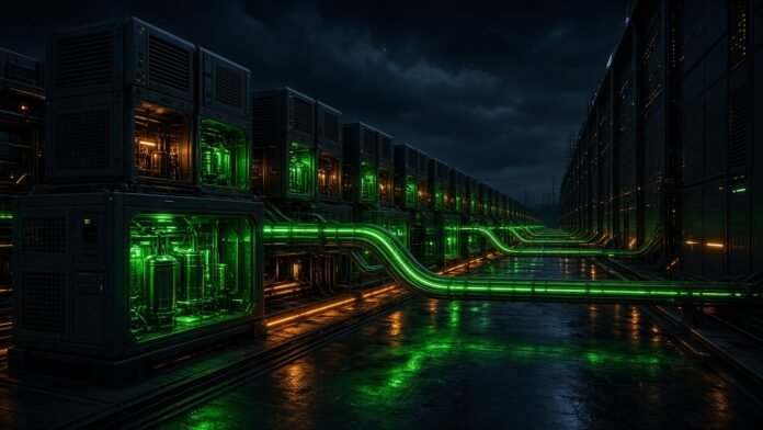 LS Electric Wins 185.3bn Won Bloom Energy Data Centre Order Rows of fuel-cell power units glowing beside a data centre at night