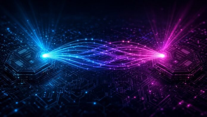 Symbol-only illustration of laser light travelling through glowing fibre-optic strands linking two server boards on a dark circuit plain.