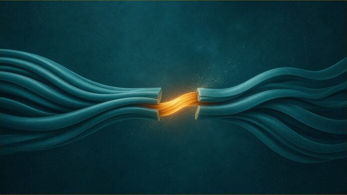 Illustration of lupus neoantigens concept in teal and amber: two bundles of smooth teal strands meeting in the middle, joined by a short mismatched amber segment that glows where the pieces connect, with tiny particles drifting nearby.