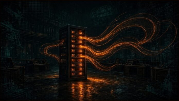 Luxor Raises $16m Led by CMT Digital for AI Compute | TSN Illustration of a glowing server rack on a dark trading floor with light trails flowing from it