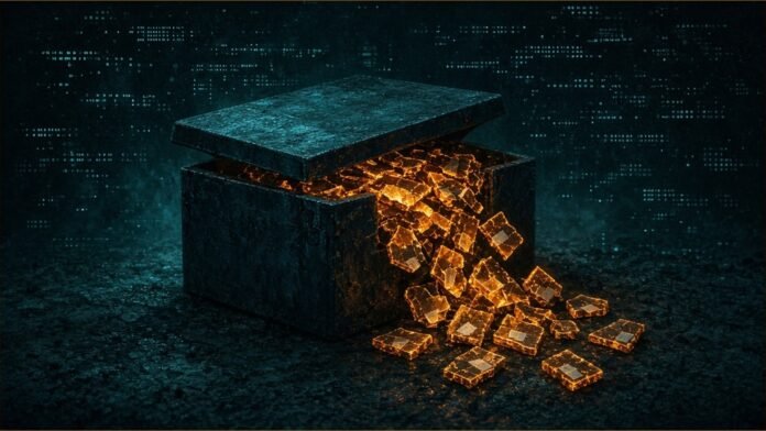 US Charges Six Over Madagascar NFT Romance Scam | TSN Illustration of small tagged amber tiles spilling from a half-open dark container.