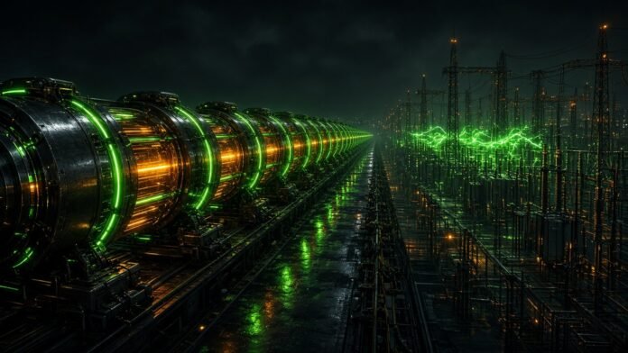 Rows of linear generator units glowing beside high-voltage power lines