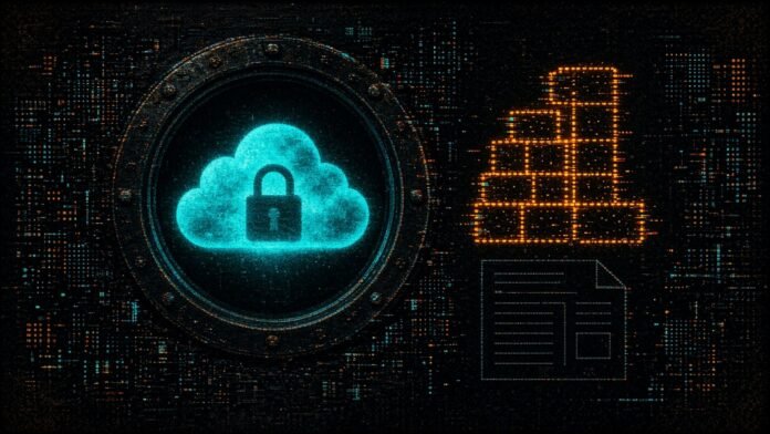 Malaysia Plans a Sovereign AI Cloud; No Cost, Size or Date Symbol-only illustration of a ghost-outlined cloud glyph inside a dark circuit-grid vault with an empty padlock, beside a dotted orange stack of building blocks and a blank ledger page.