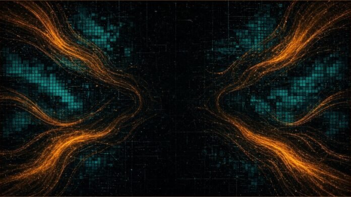 Malaysia Sets 30% Renewable Rule for Data Centres | TSN Illustration of teal grid blocks drawing in flowing amber ribbons of energy.