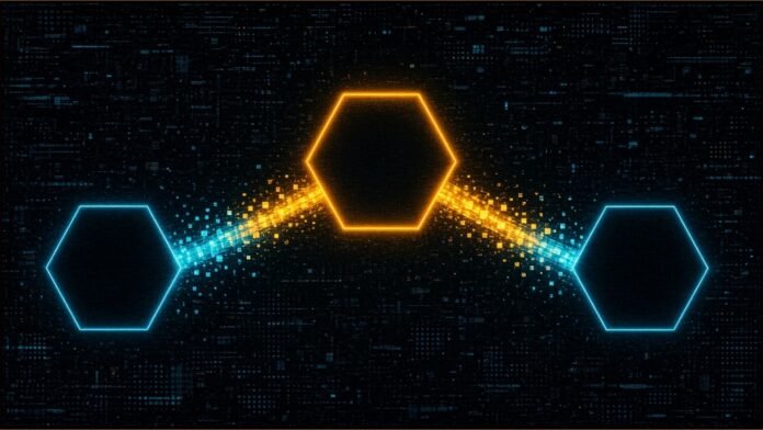 Illustration of three glowing hexagonal network nodes linked by streams of small amber and cyan blocks
