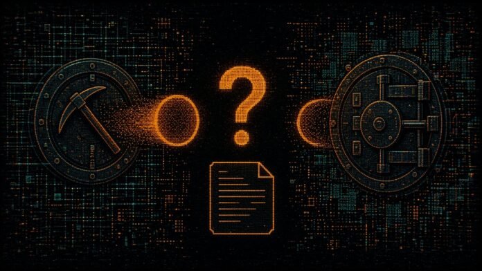 A coin leaving a pickaxe vault on the left and reaching a second vault on the right, with a question mark over the gap and a blank ledger page below.