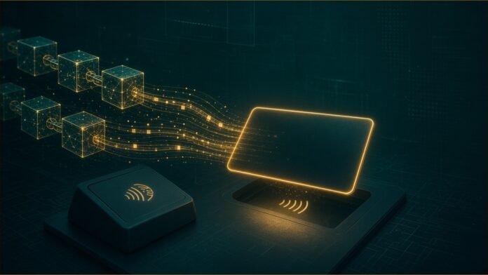 A blank glowing card over a contactless terminal fed by ledger blocks.