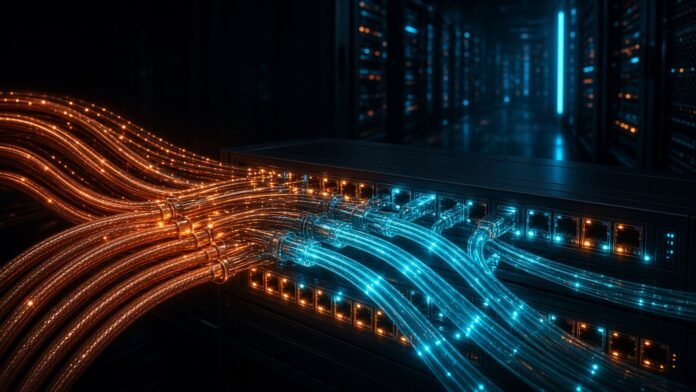 Two server racks joined by a glowing copper cable with a chip cleaning up the signal