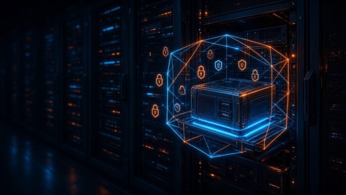 Marvell, Microsoft, Oracle Form OCP Group for In-Server HSMs Hardware security module glowing inside a neon cage in a server rack