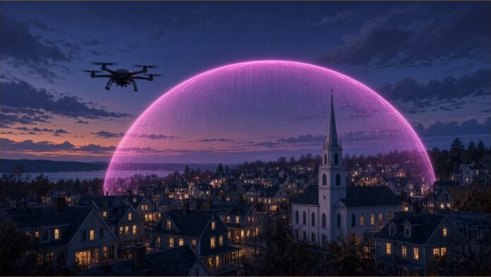 Illustration of a small delivery drone over a town at dusk, with a church steeple and a glowing magenta dome over the rooftops