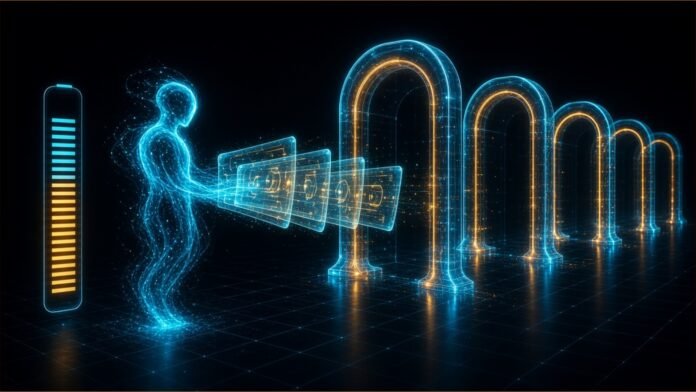 Illustration of a glowing software agent passing translucent vouchers through a row of lit gateways beside a budget meter.