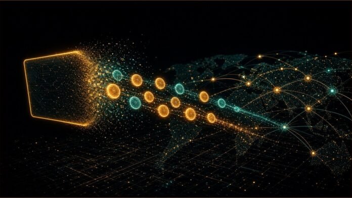 Mastercard and BVNK Launch Global Money Platform Twin rails of fiat and stablecoin merging into one bridge across a globe of payout nodes