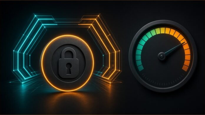 Illustration of a locked token at a light gate beside a risk-score dial.