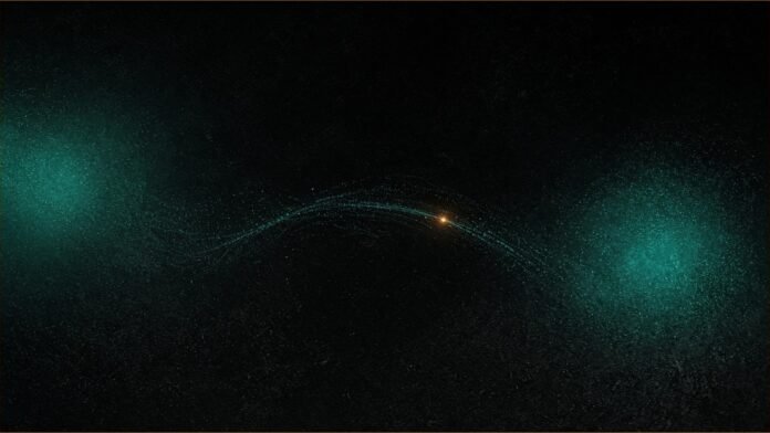 Hospital Drone Delivery Deal for Matternet, TransLogic | TSN Illustration of hospital drone delivery concept in teal and amber: an amber point of light travelling along a curved teal particle arc.