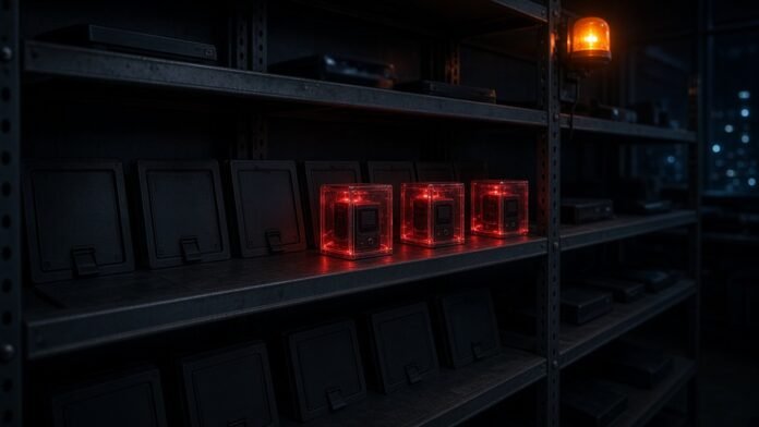MediaMarkt Pulls All Ledger Products Amid Tampering Reports Store shelf with hardware wallets sealed in glowing red quarantine boxes