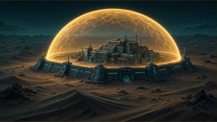 MEEZA and Microsoft Plan Qatar Sovereign Cloud | TSN A desert data centre under a glowing amber dome at night.