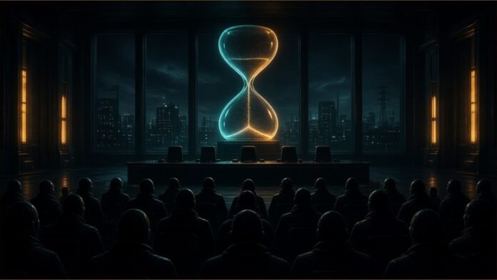 Memphis Votes for 135-Day Data Centre Pause | TSN Illustration of a dark council chamber full of silhouetted figures facing a giant glowing hourglass above the city skyline