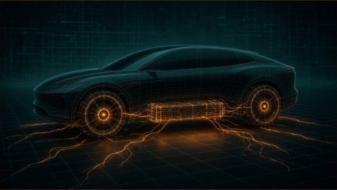 Mercedes-AMG Unveils Electric GT SUV | TSN A wireframe electric SUV silhouette with glowing amber current lines around its wheels and battery.