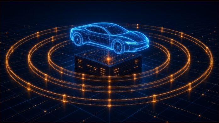 A neon wireframe car above a glowing compute block ringed by amber guardrails.