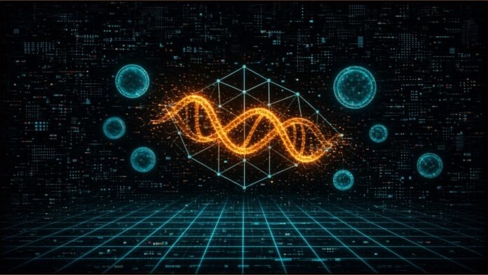 Merck, Moderna mRNA Melanoma Therapy Cuts Risk 42% | TSN Illustration of a glowing amber genetic strand coiled through a geometric lattice among translucent cyan cell-like spheres